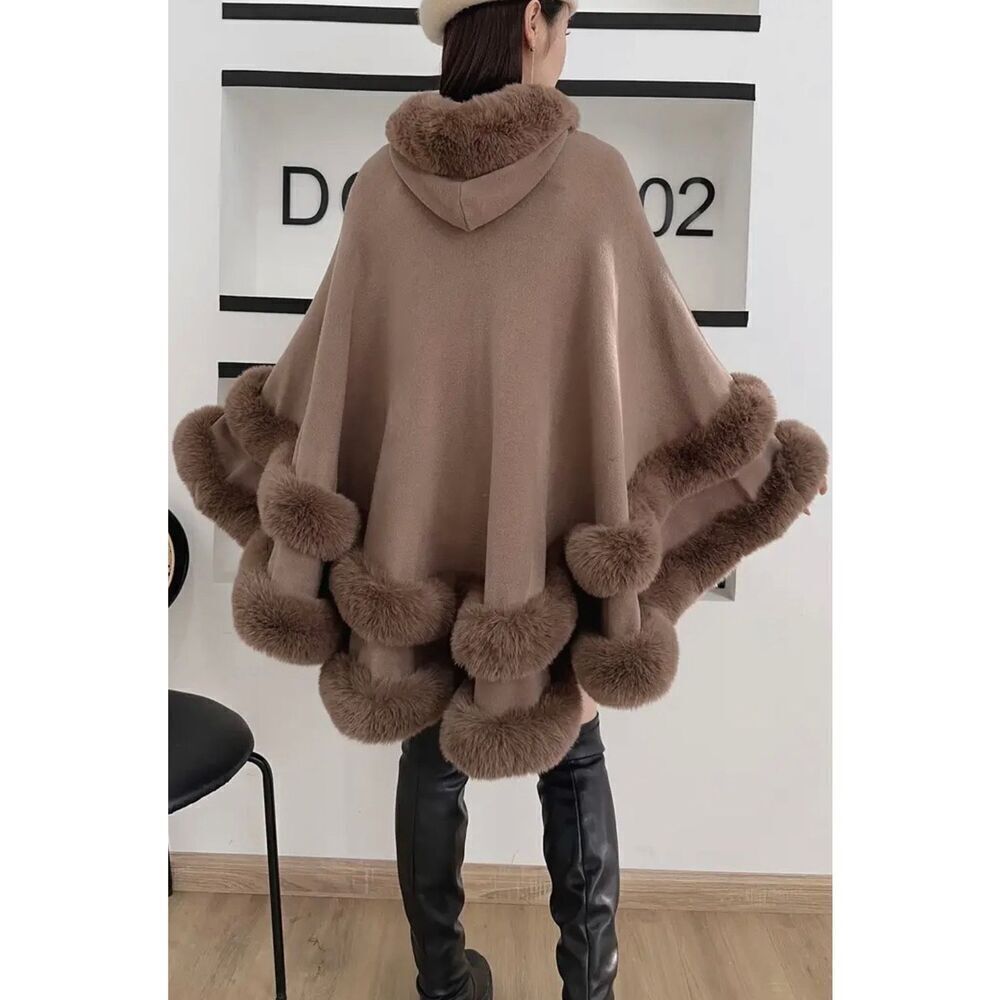 NWT Gorgeous OS Soft Knit Fur Trim Brown Open Hooded Hood Ruana Cape Poncho - Picture 8 of 13